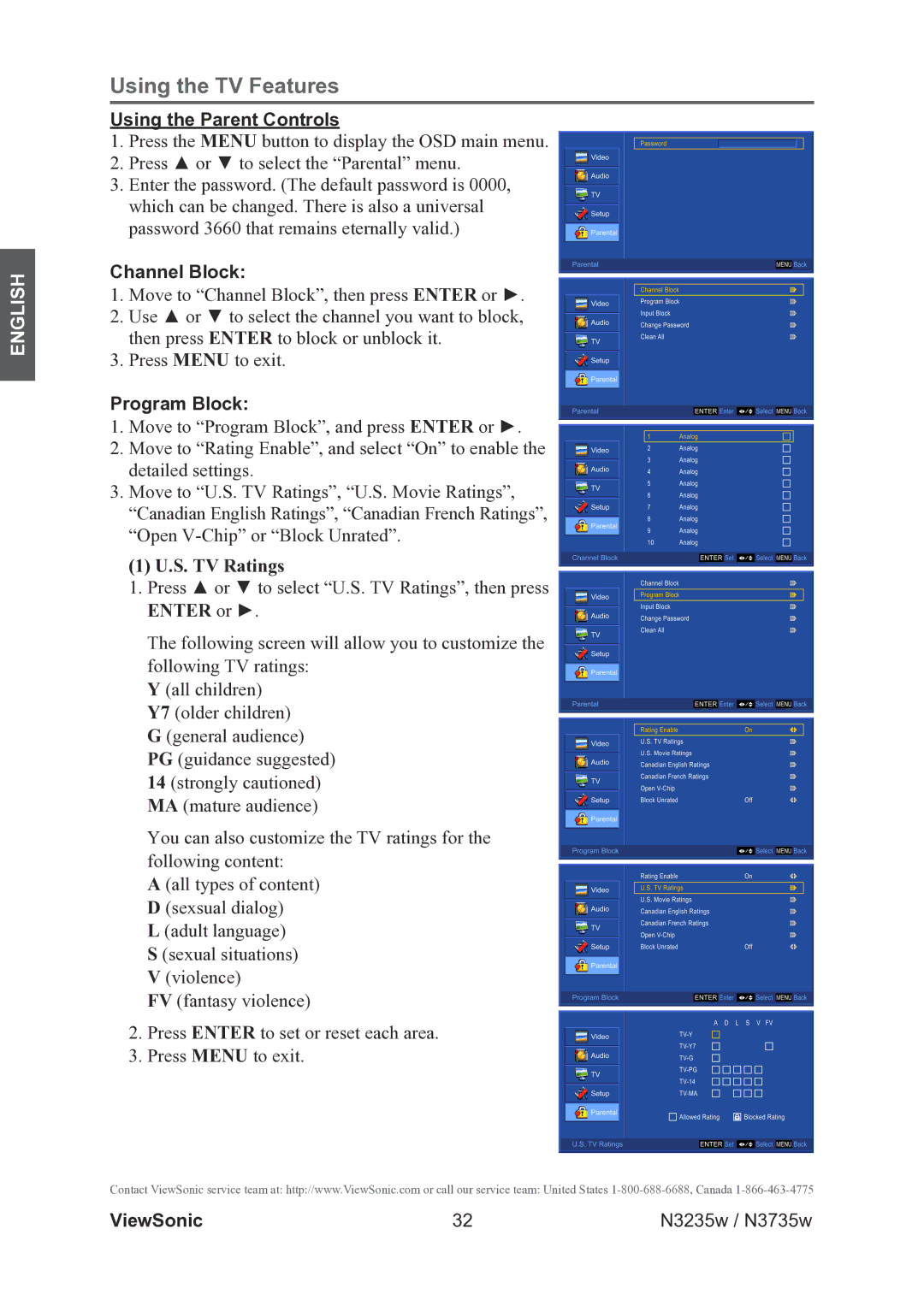 ViewSonic VS11770-2M, VS11771-2M warranty Using the Parent Controls, Channel Block, Program Block, S. TV Ratings, Enter or 