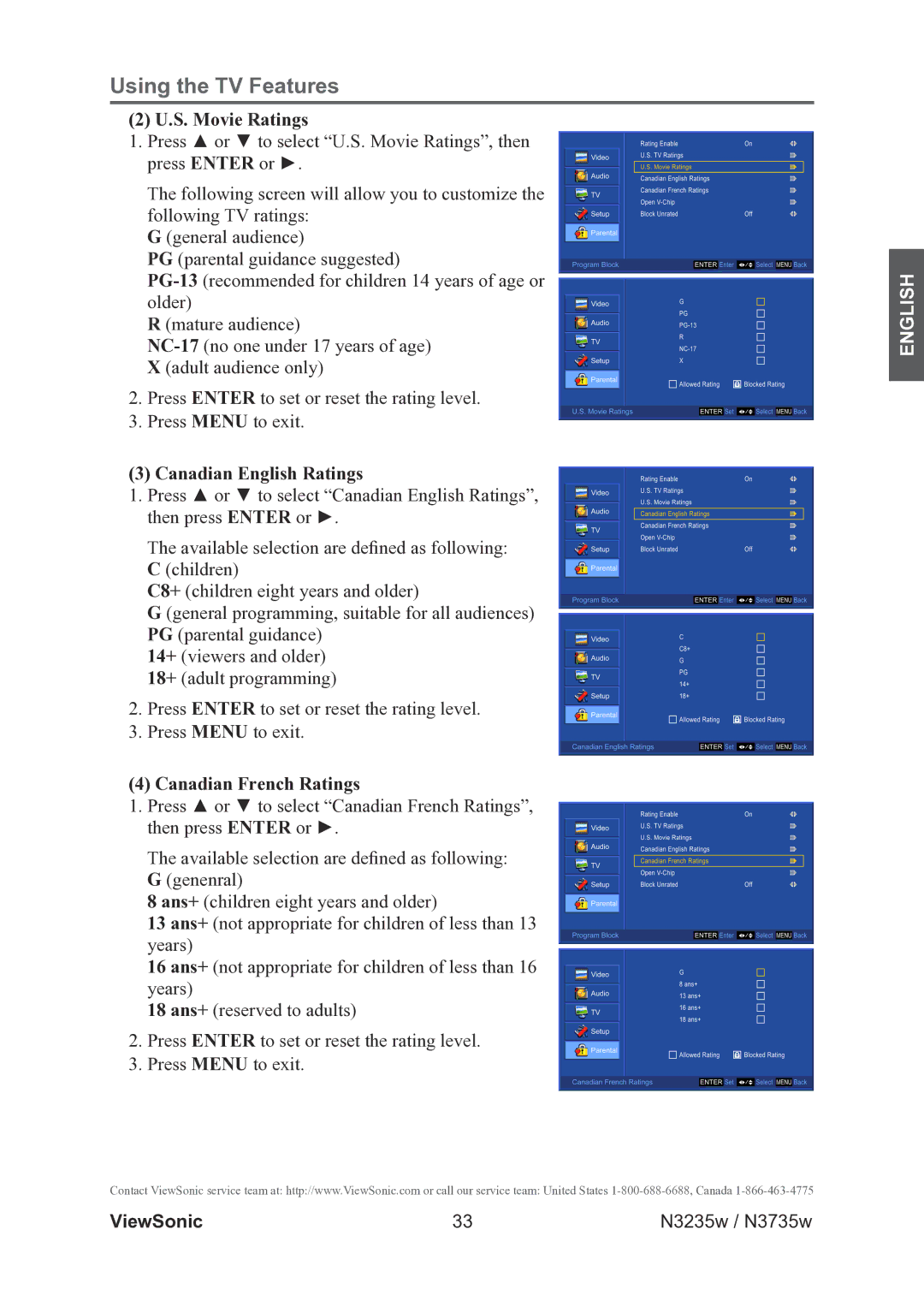 ViewSonic VS11771-2M, VS11770-2M warranty S. Movie Ratings, Canadian English Ratings, Canadian French Ratings 