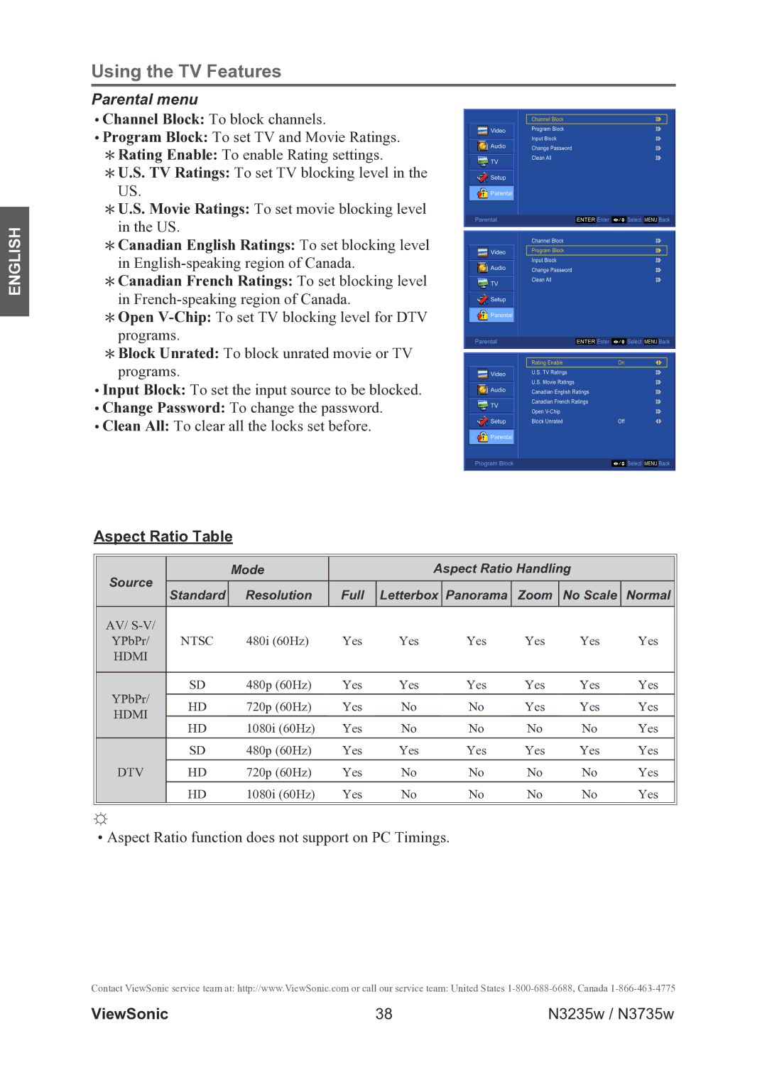 ViewSonic VS11770-2M, VS11771-2M warranty Parental menu, Aspect Ratio Table 