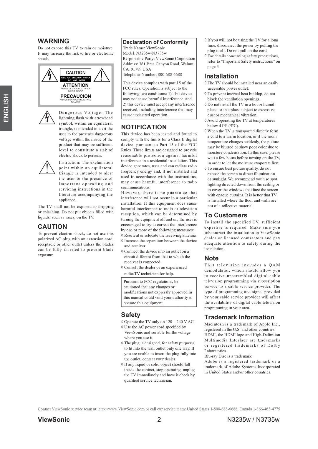 ViewSonic VS11770-2M, VS11771-2M warranty Notification, Safety, Installation, To Customers, Trademark Information 