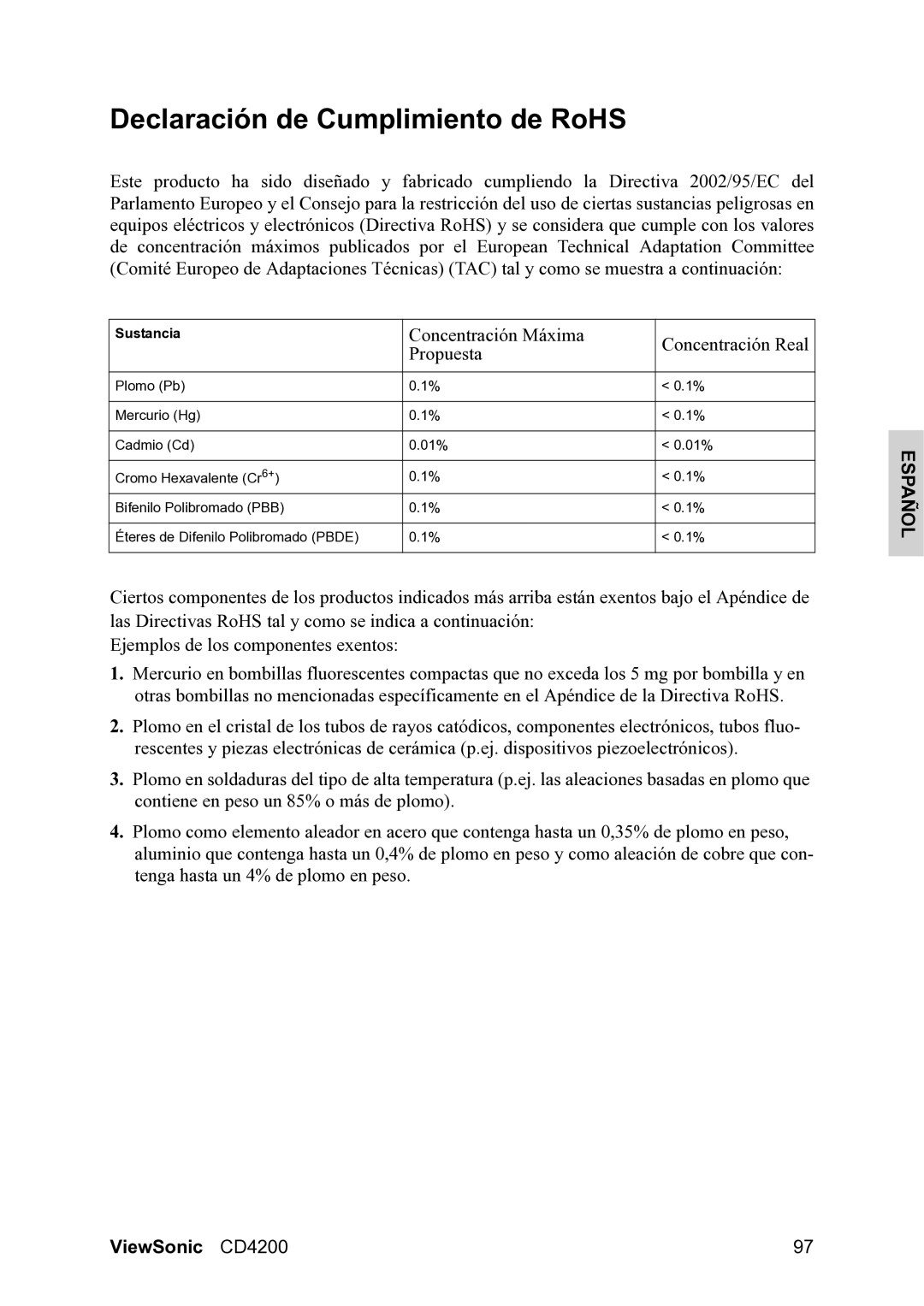 ViewSonic VS11778 manual Declaración de Cumplimiento de RoHS, Concentración Máxima Concentración Real Propuesta 