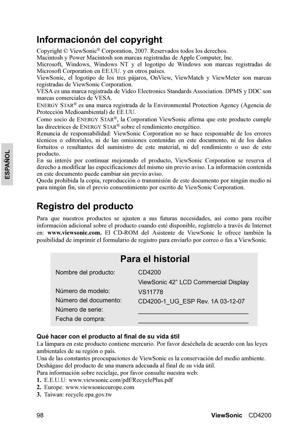 ViewSonic VS11778 manual Informacionón del copyright, Registro del producto Para el historial 