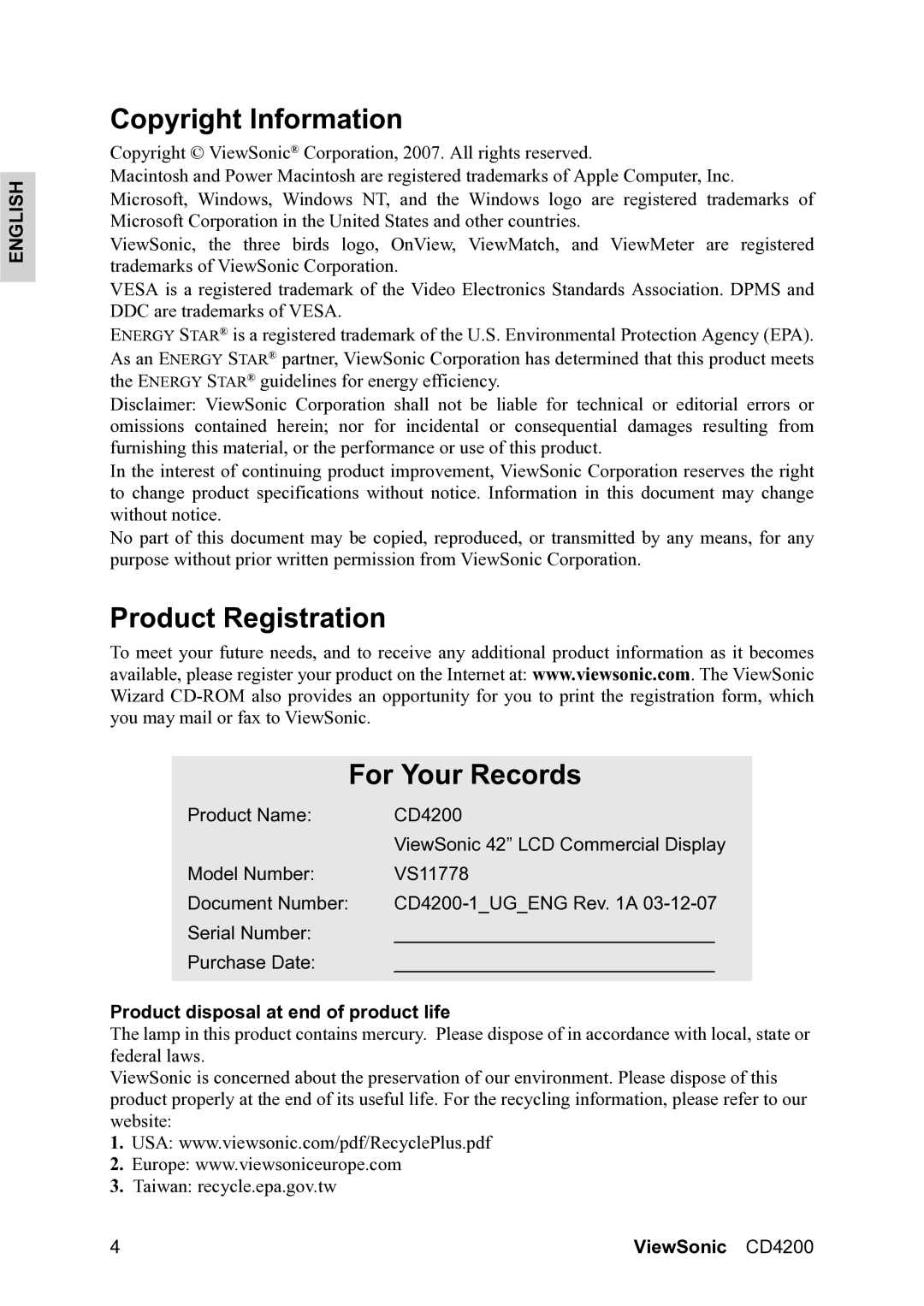 ViewSonic VS11778 Copyright Information, Product Registration For Your Records, Product disposal at end of product life 