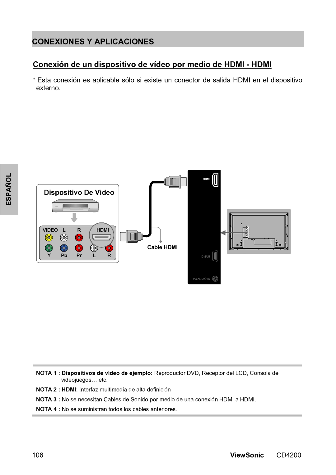 ViewSonic VS11778 manual Conexiones Y Aplicaciones, Conexión de un dispositivo de vídeo por medio de Hdmi Hdmi 