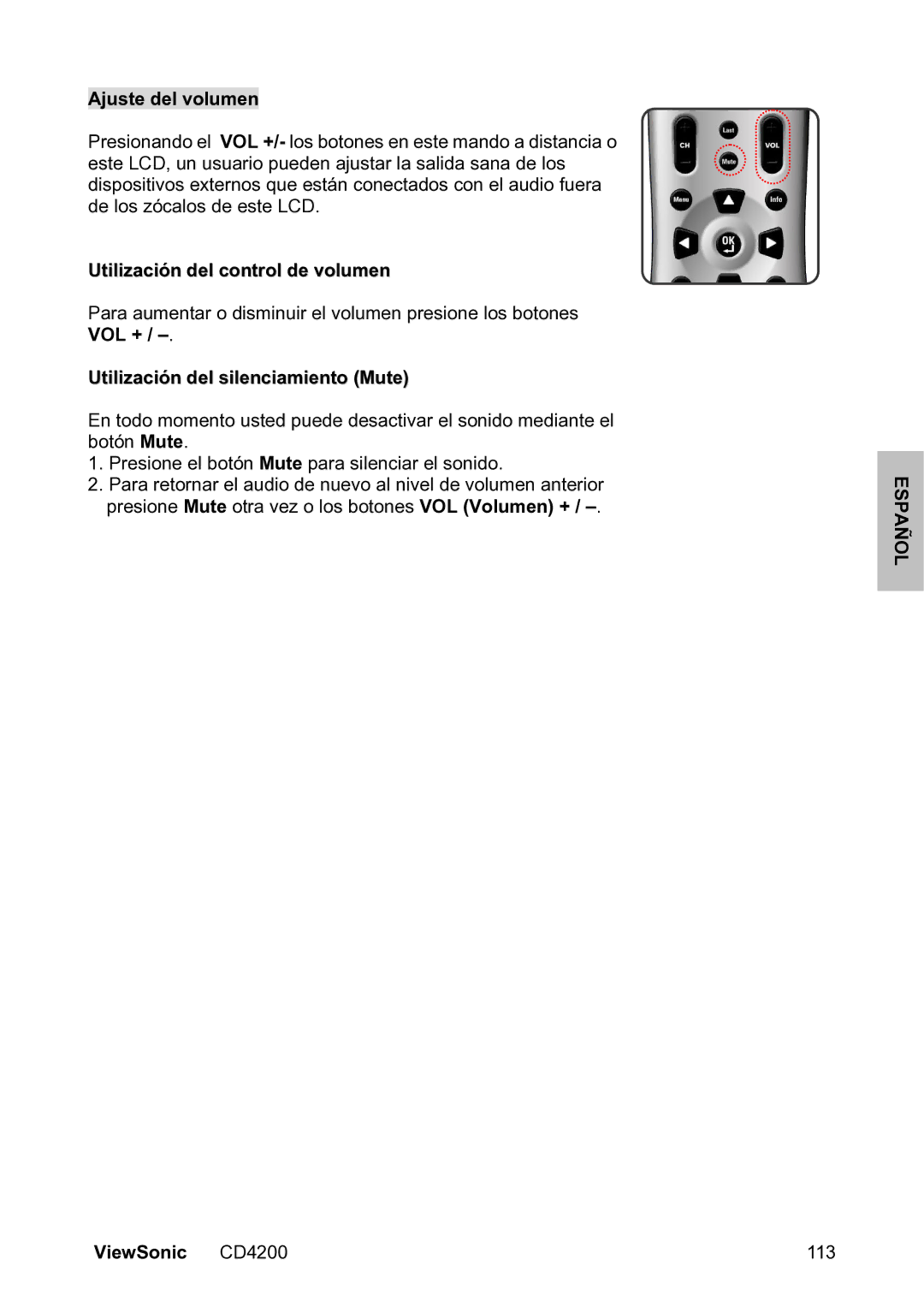 ViewSonic VS11778 manual Ajuste del volumen, Utilización del control de volumen, Utilización del silenciamiento Mute 