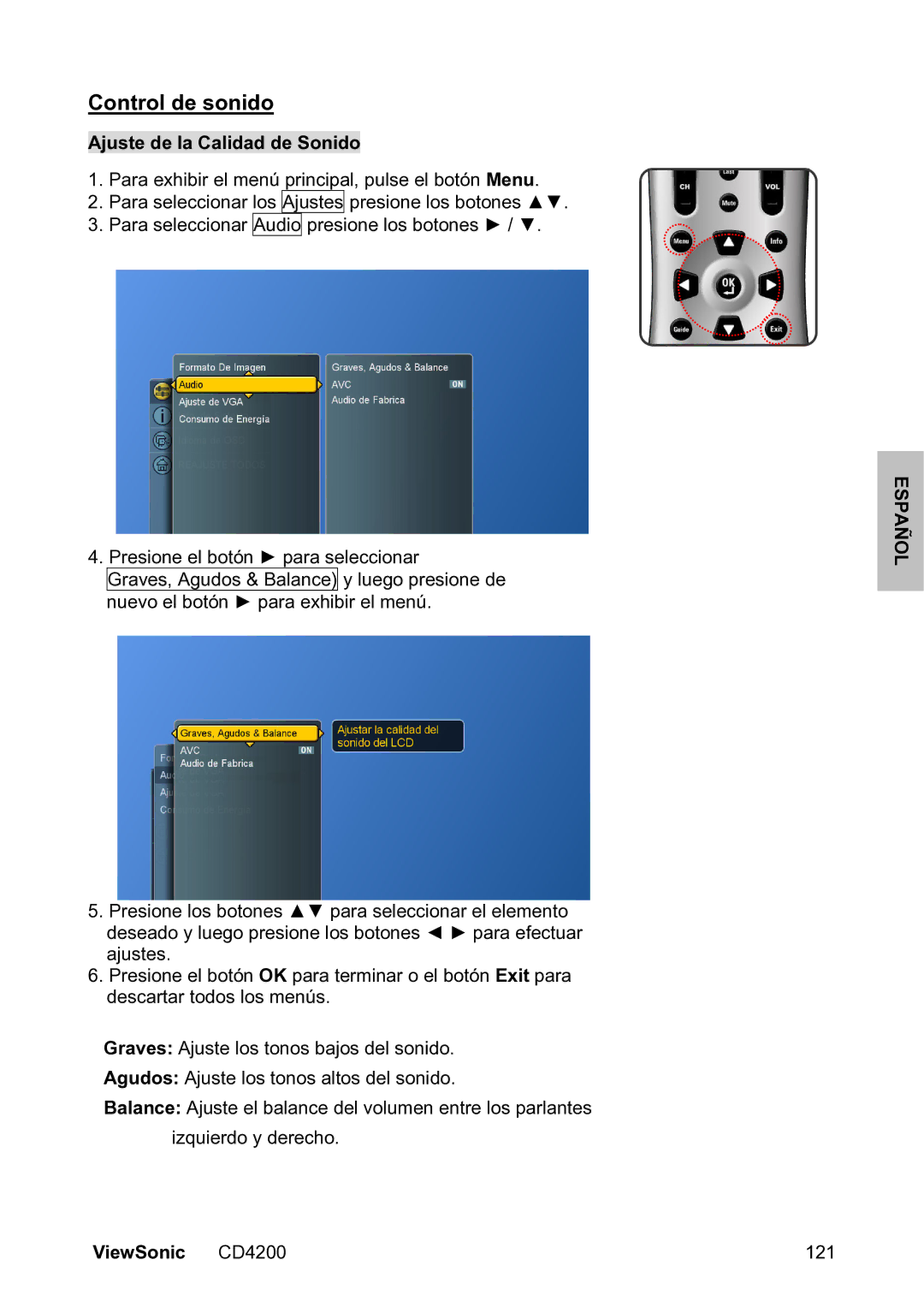 ViewSonic VS11778 manual Control de sonido, Ajuste de la Calidad de Sonido 