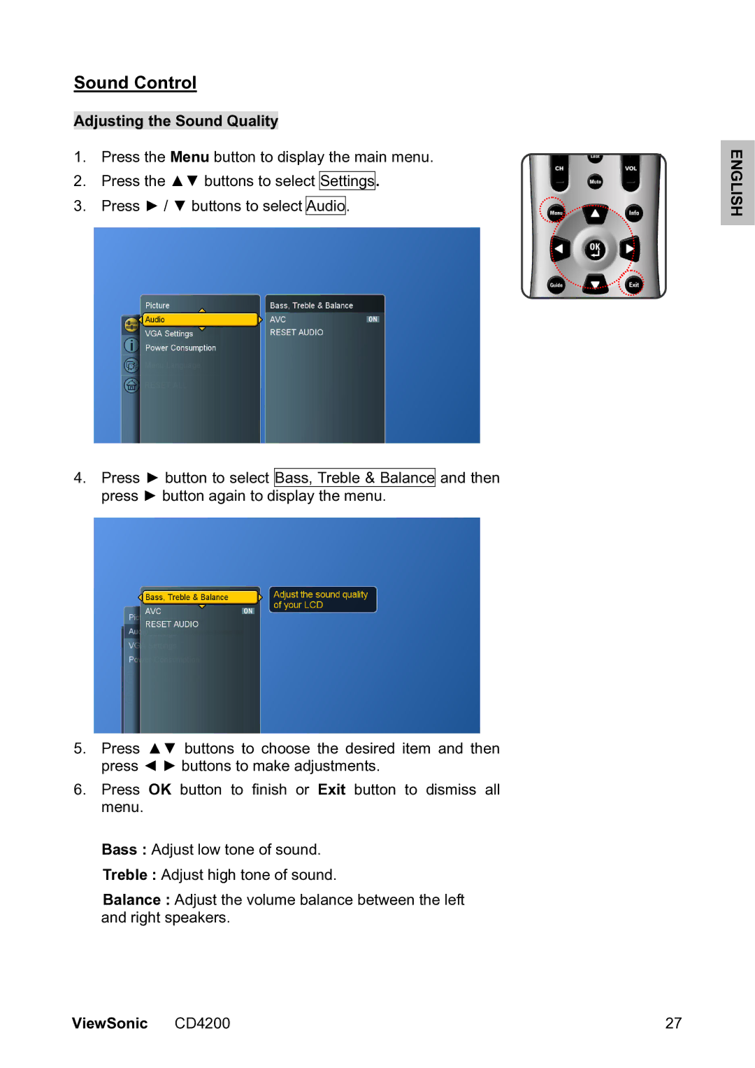 ViewSonic VS11778 manual Sound Control, Adjusting the Sound Quality 