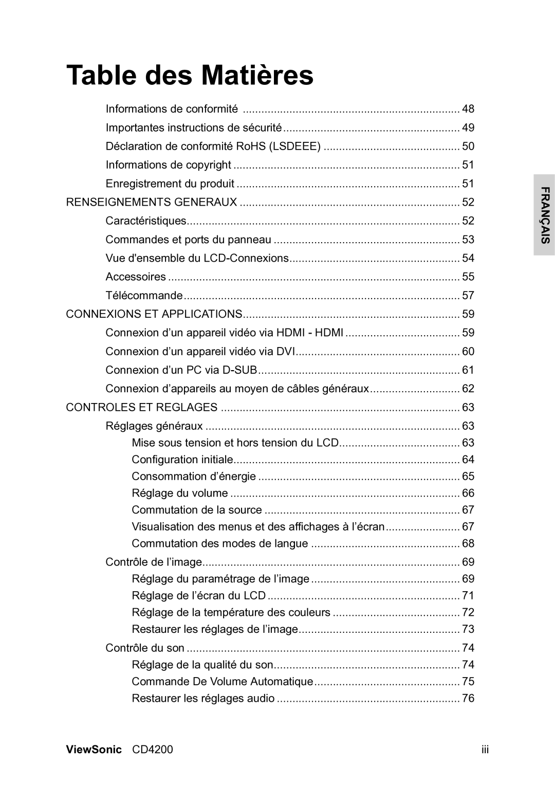 ViewSonic VS11778 manual Table des Matières, Français 