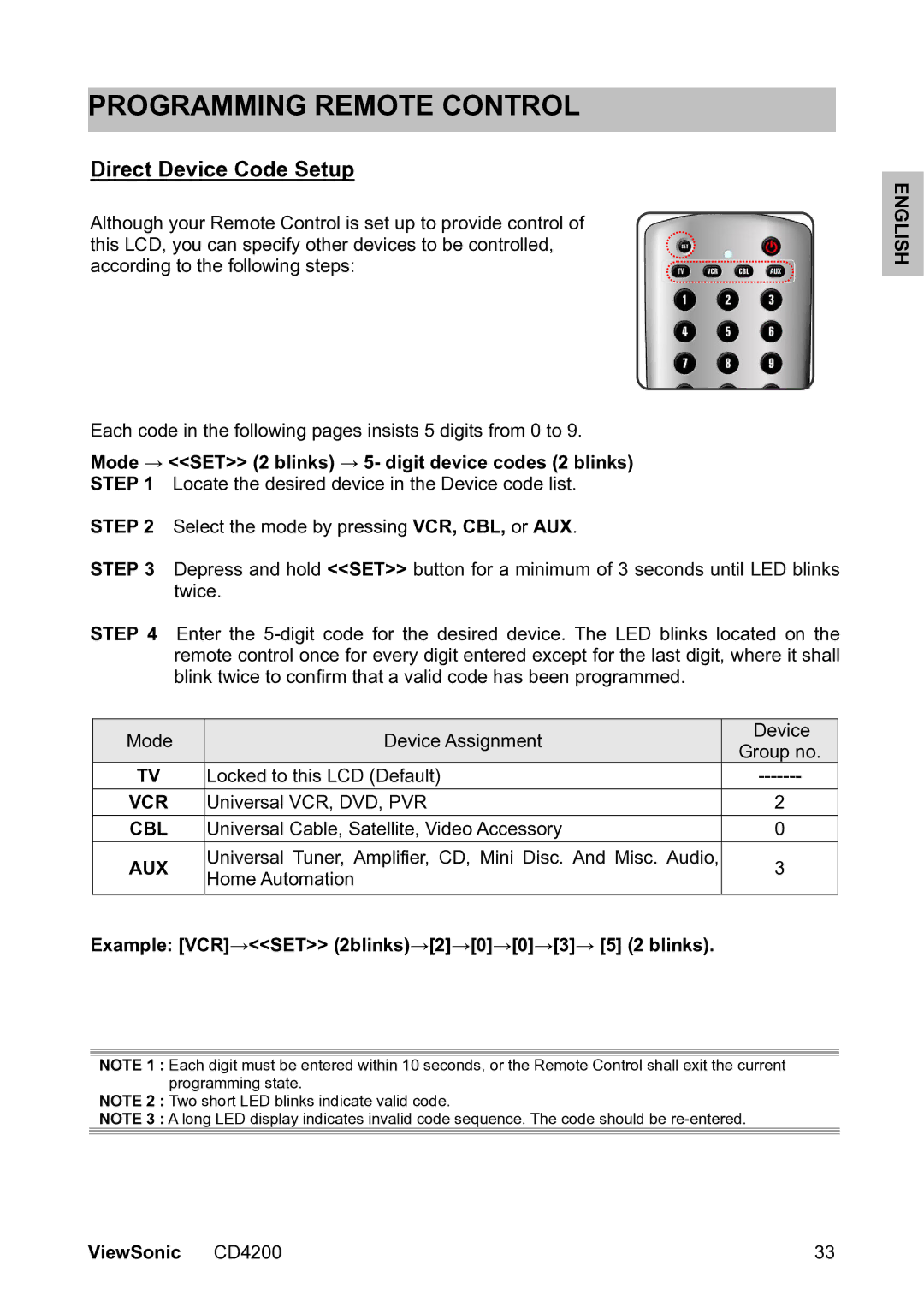 ViewSonic VS11778 Programming Remote Control, Direct Device Code Setup, Aux, Example VCR→SET 2blinks→2→0→0→3→ 5 2 blinks 