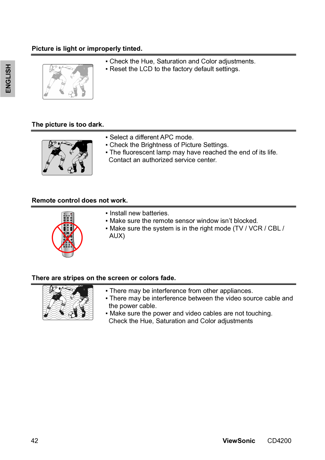 ViewSonic VS11778 manual Picture is light or improperly tinted, Picture is too dark, Remote control does not work 