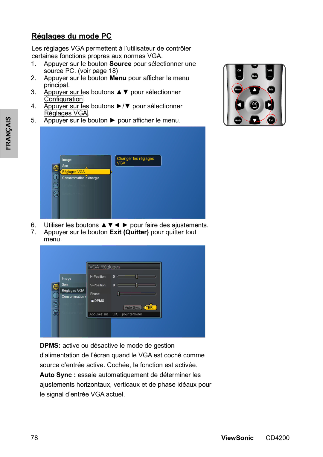 ViewSonic VS11778 manual Réglages du mode PC 