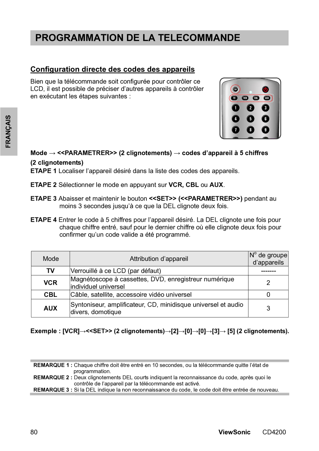 ViewSonic VS11778 manual Programmation DE LA Telecommande, Configuration directe des codes des appareils 