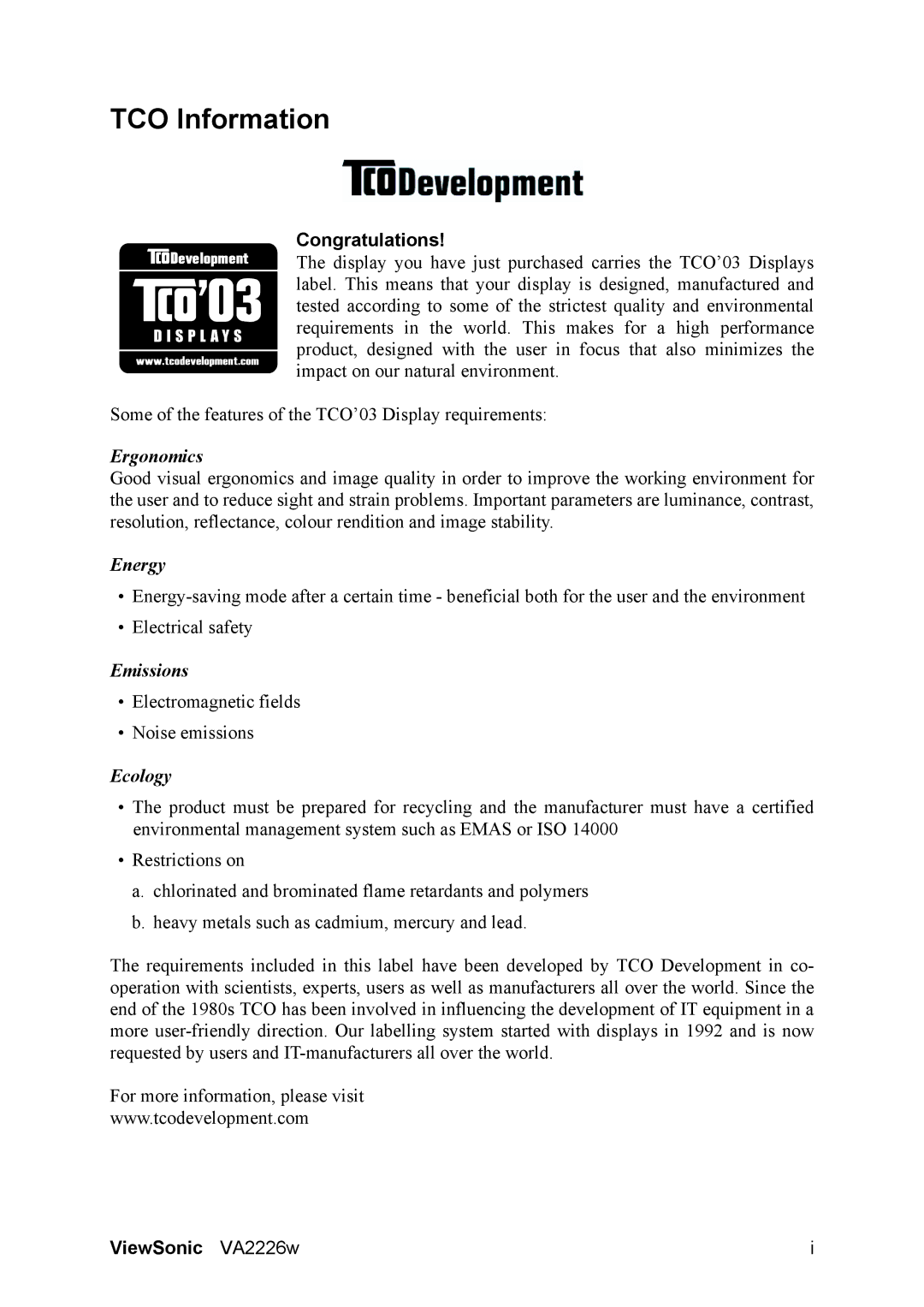 ViewSonic VS11803 warranty TCO Information, Congratulations 