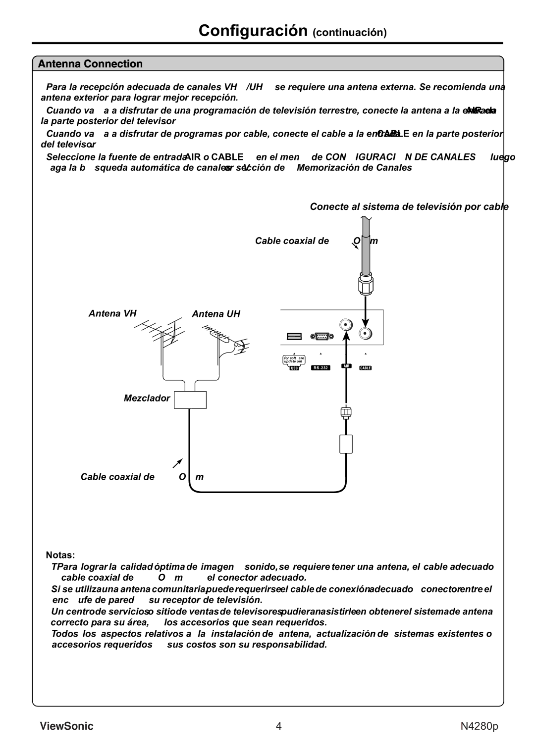 ViewSonic VS11838-1M manual Configuración continuación, Cable coaxial de 75 Ohm Antena VHF Antena UHF Mezclador, Notas 