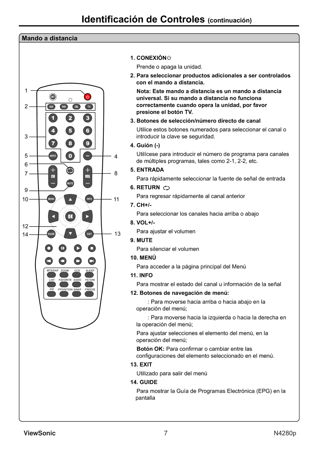 ViewSonic VS11838-1M manual Mando a distancia, Conexión, Return, Mute, Guide 