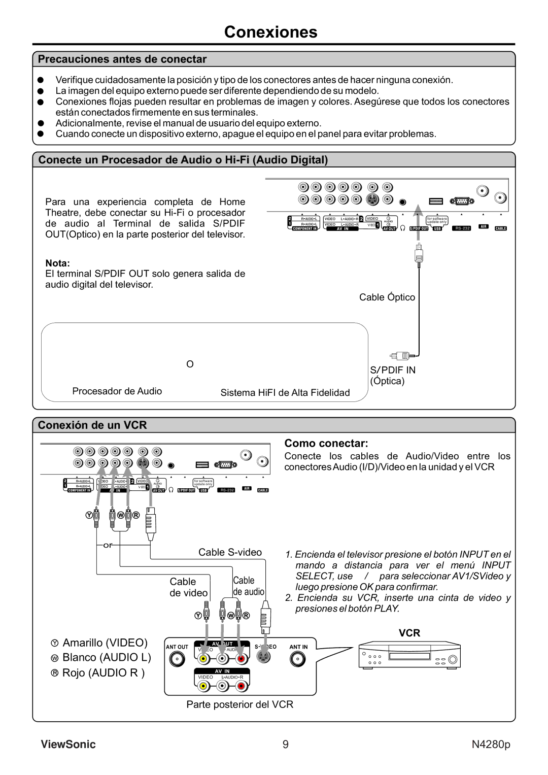 ViewSonic VS11838-1M Conexiones, Precauciones antes de conectar, Conecte un Procesador de Audio o Hi-Fi Audio Digital 