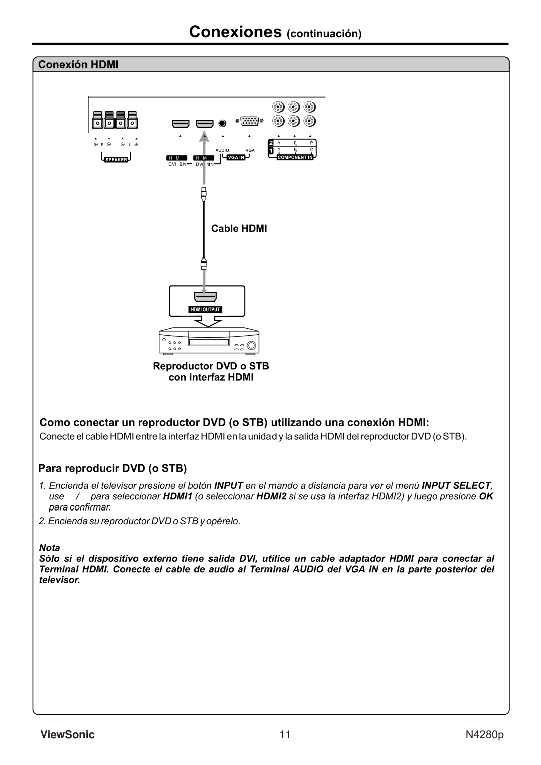 ViewSonic VS11838-1M manual Conexiones continuación Conexión Hdmi, Para reproducir DVD o STB 