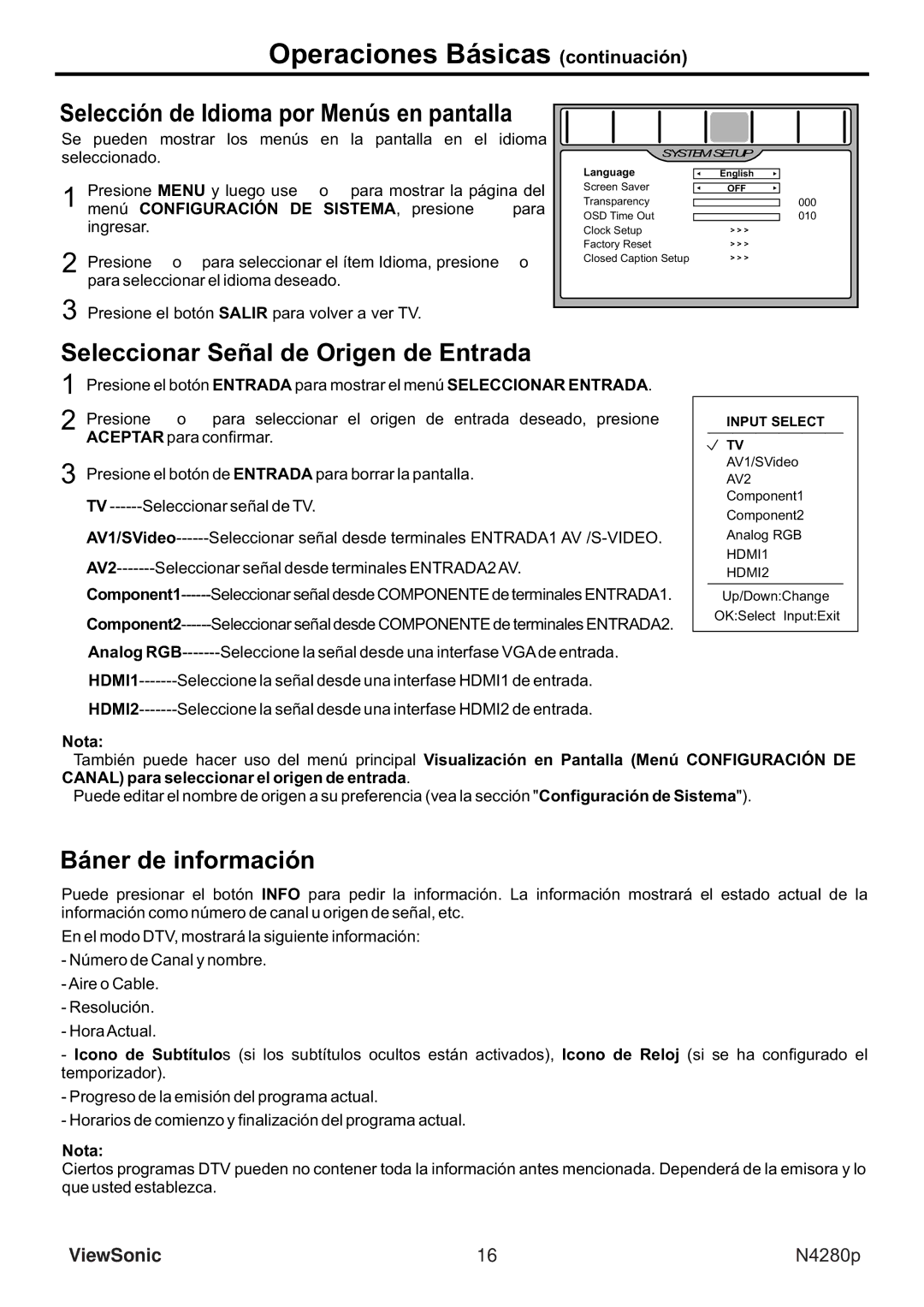 ViewSonic VS11838-1M Operaciones Básicas continuación, Selección de Idioma por Menús en pantalla, Báner de información 