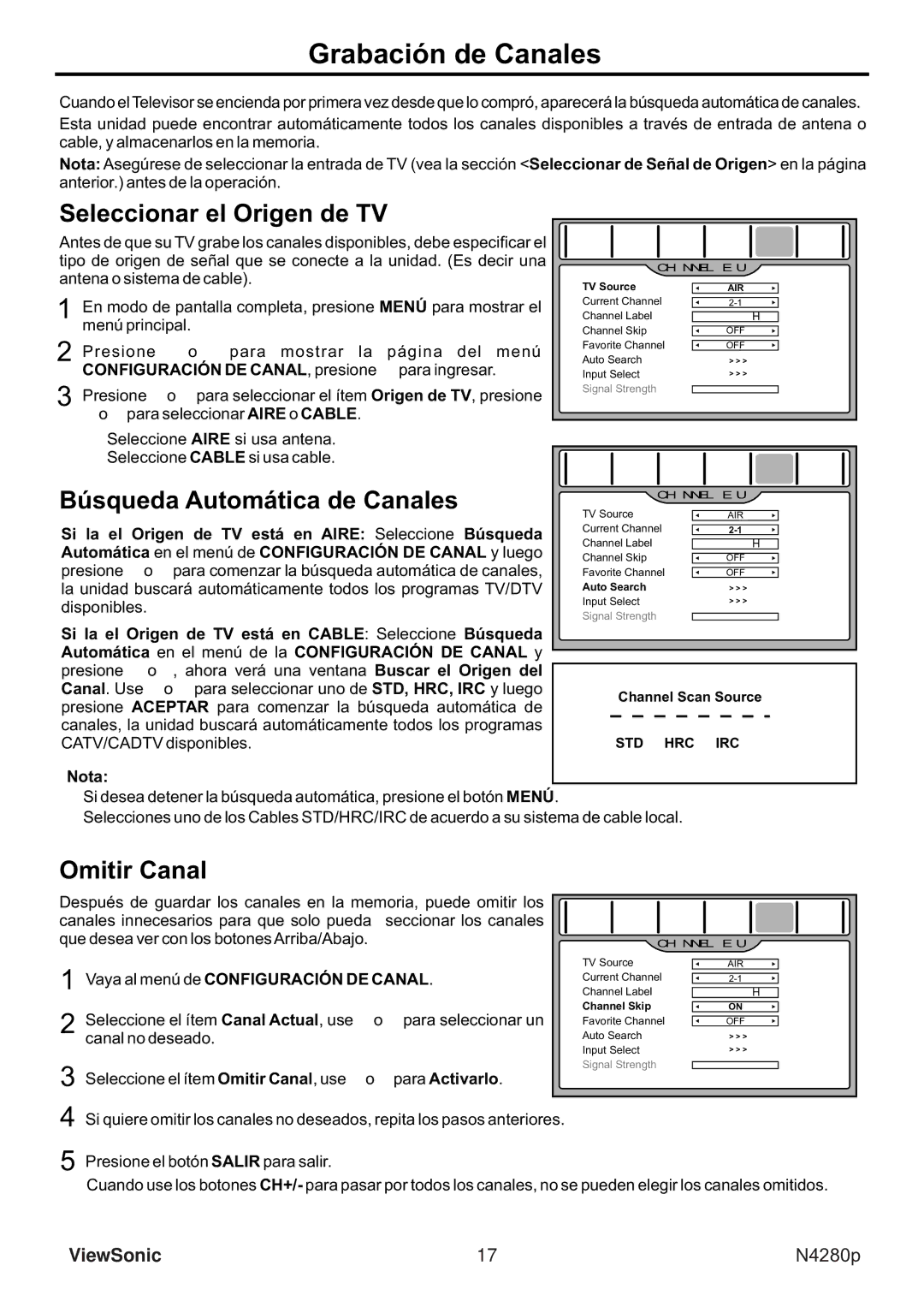 ViewSonic VS11838-1M manual Grabación de Canales, Seleccionar el Origen de TV, Búsqueda Automática de Canales, Omitir Canal 