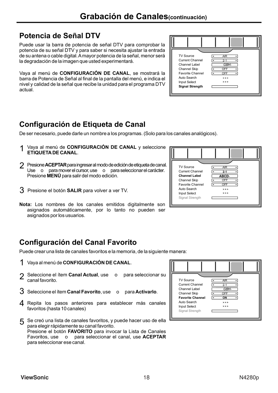 ViewSonic VS11838-1M manual Grabación de Canalescontinuación, Potencia de Señal DTV, Configuración de Etiqueta de Canal 