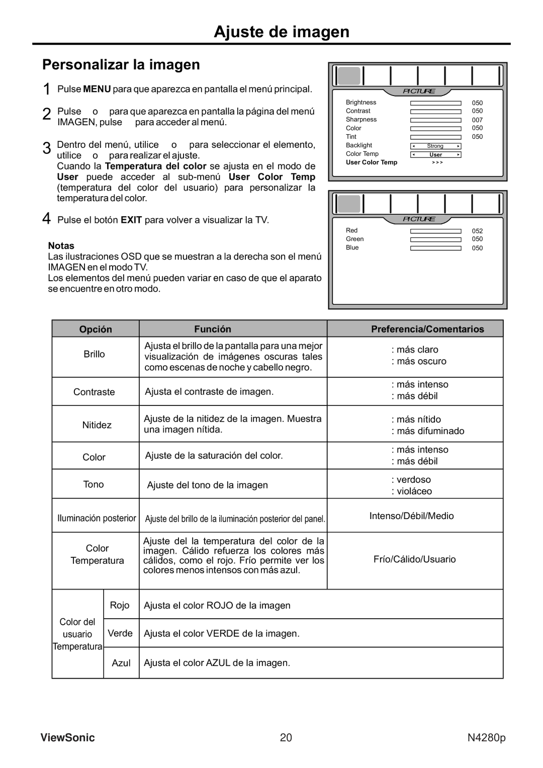 ViewSonic VS11838-1M manual Ajuste de imagen, Personalizar la imagen, Opción Función Preferencia/Comentarios 