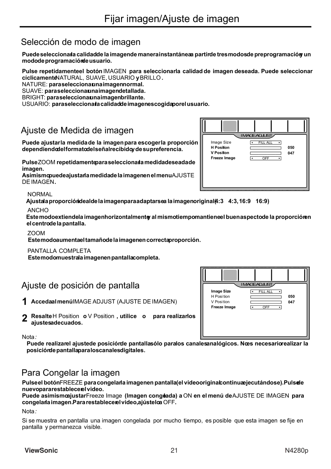 ViewSonic VS11838-1M manual Fijar imagen/Ajuste de imagen, Selección de modo de imagen, Ajuste de Medida de imagen 