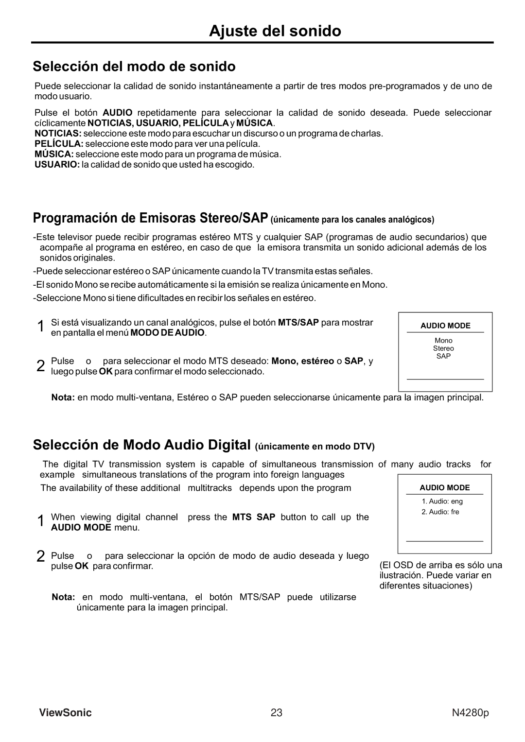 ViewSonic VS11838-1M manual Ajuste del sonido, Selección del modo de sonido, Sap 