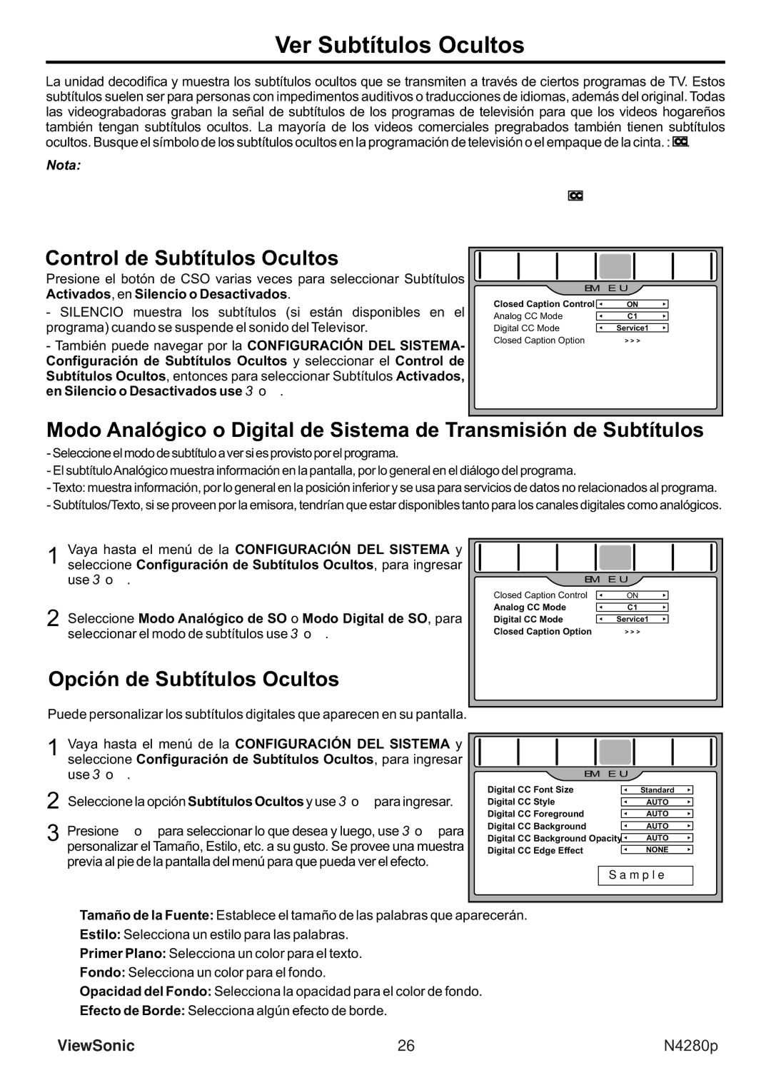 ViewSonic VS11838-1M manual Ver Subtítulos Ocultos, Control de Subtítulos Ocultos, Opción de Subtítulos Ocultos 