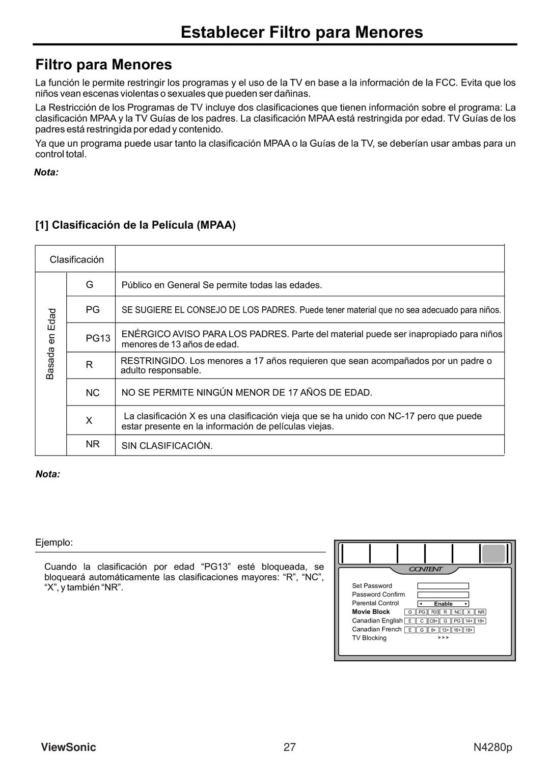 ViewSonic VS11838-1M manual Establecer Filtro para Menores, Clasificación de la Película Mpaa 