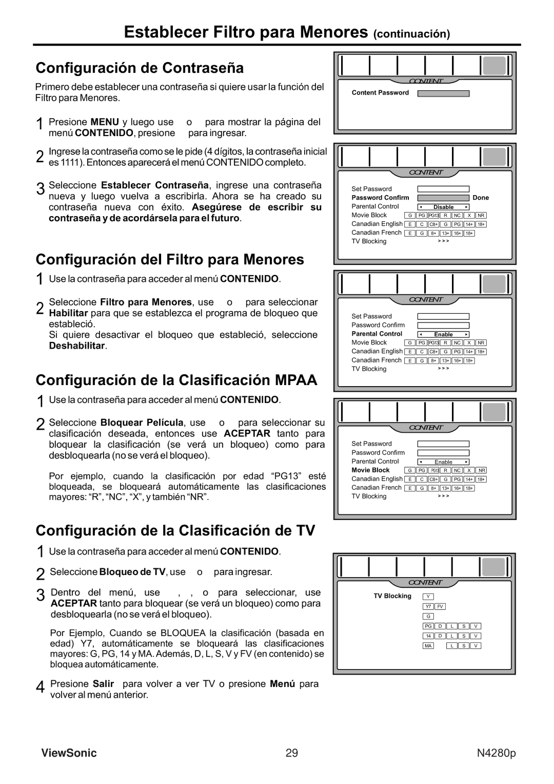 ViewSonic VS11838-1M manual Configuración de Contraseña, Configuración del Filtro para Menores 