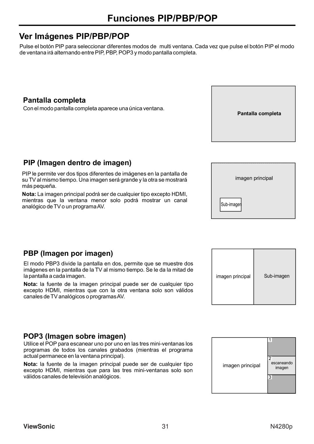 ViewSonic VS11838-1M manual Funciones PIP/PBP/POP, Ver Imágenes PIP/PBP/POP 