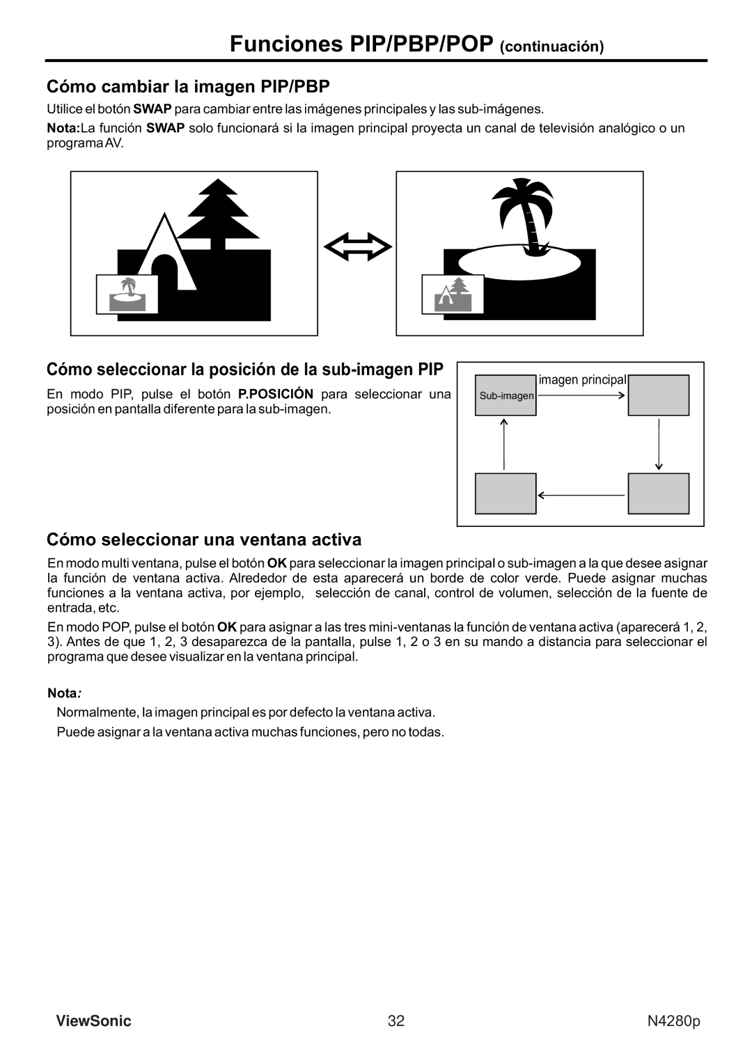 ViewSonic VS11838-1M manual Funciones PIP/PBP/POP continuación, Cómo cambiar la imagen PIP/PBP 