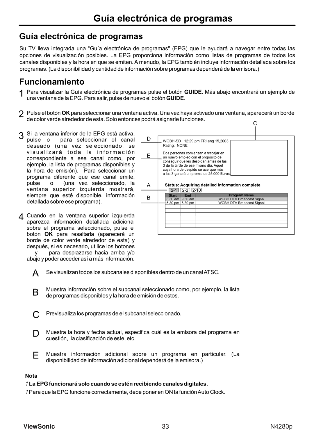 ViewSonic VS11838-1M Guía electrónica de programas, Funcionamiento, De programas disponibles y la hora de emisión de estos 