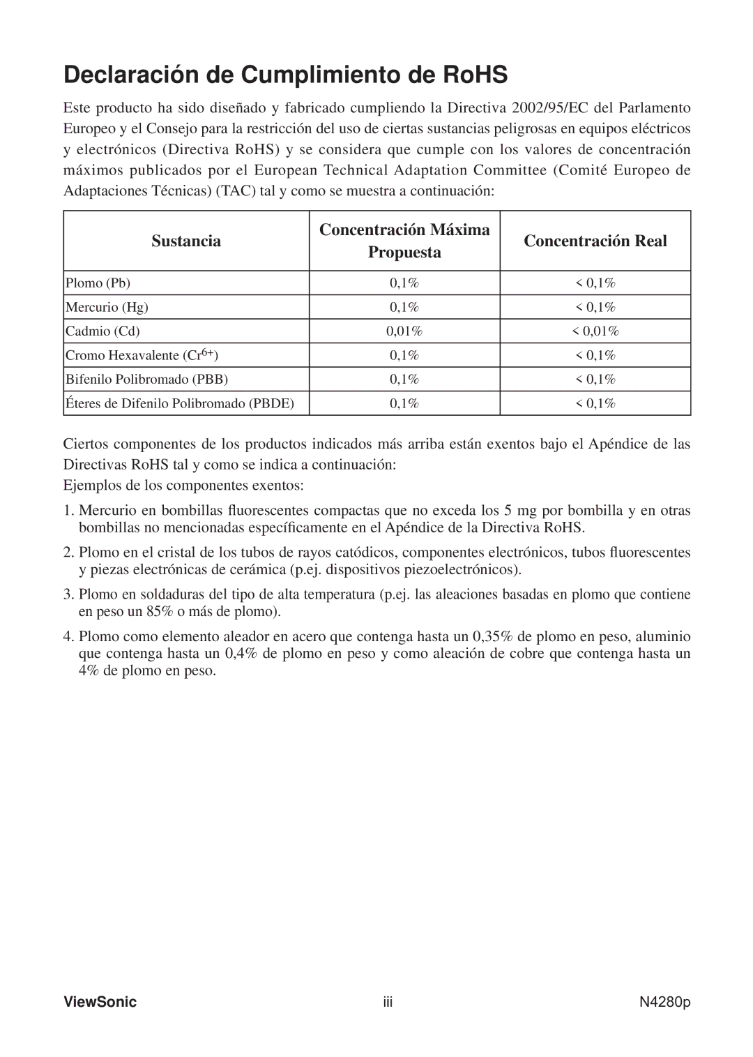 ViewSonic VS11838-1M manual Declaración de Cumplimiento de RoHS 