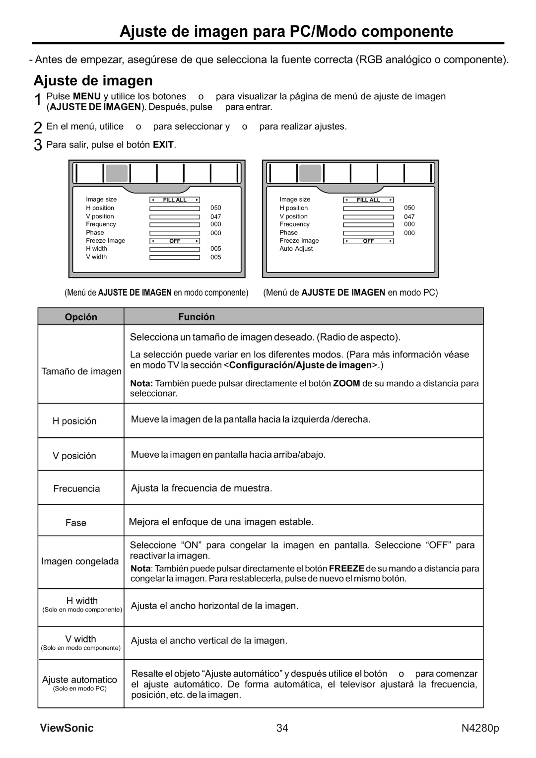 ViewSonic VS11838-1M manual Ajuste de imagen para PC/Modo componente, Opción 