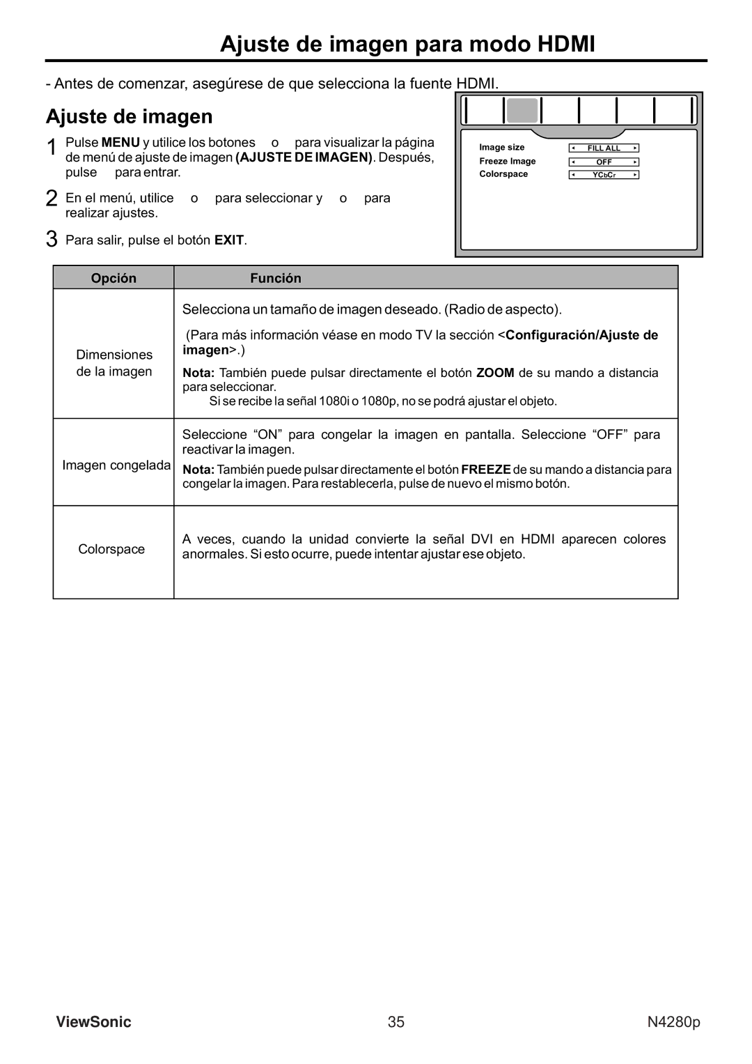 ViewSonic VS11838-1M manual Ajuste de imagen para modo Hdmi, Dimensiones, Imagen, De la imagen 
