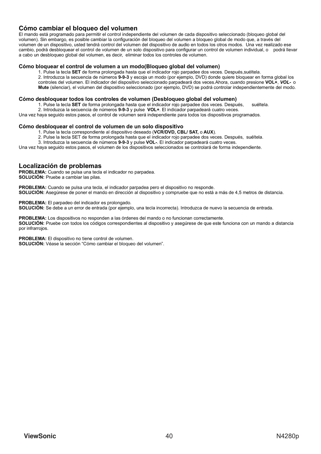 ViewSonic VS11838-1M manual Cómo cambiar el bloqueo del volumen, Localización de problemas 