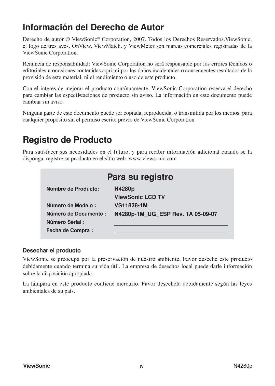 ViewSonic VS11838-1M manual Información del Derecho de Autor 