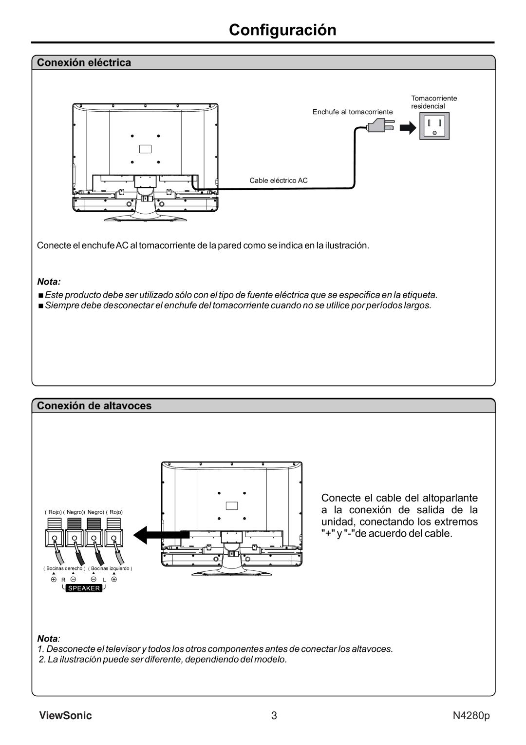 ViewSonic VS11838-1M manual Configuración, Conexión eléctrica, Conexión de altavoces 