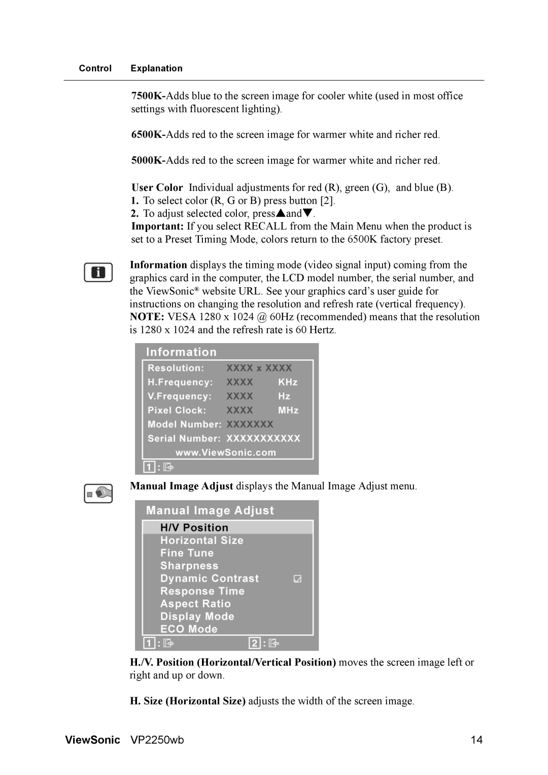 ViewSonic VS11845 warranty Size Horizontal Size adjusts the width of the screen image 