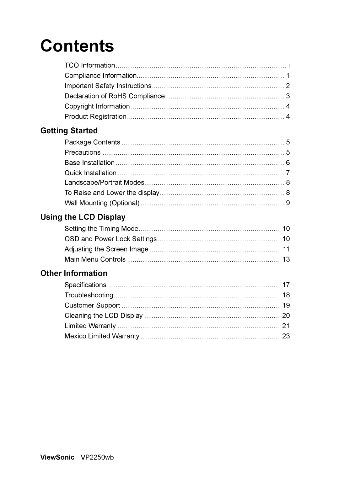 ViewSonic VS11845 warranty Contents 