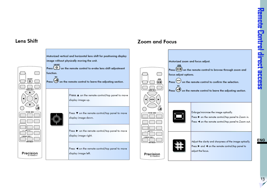 ViewSonic VS11856 user manual Lens Shift, Zoom and Focus 