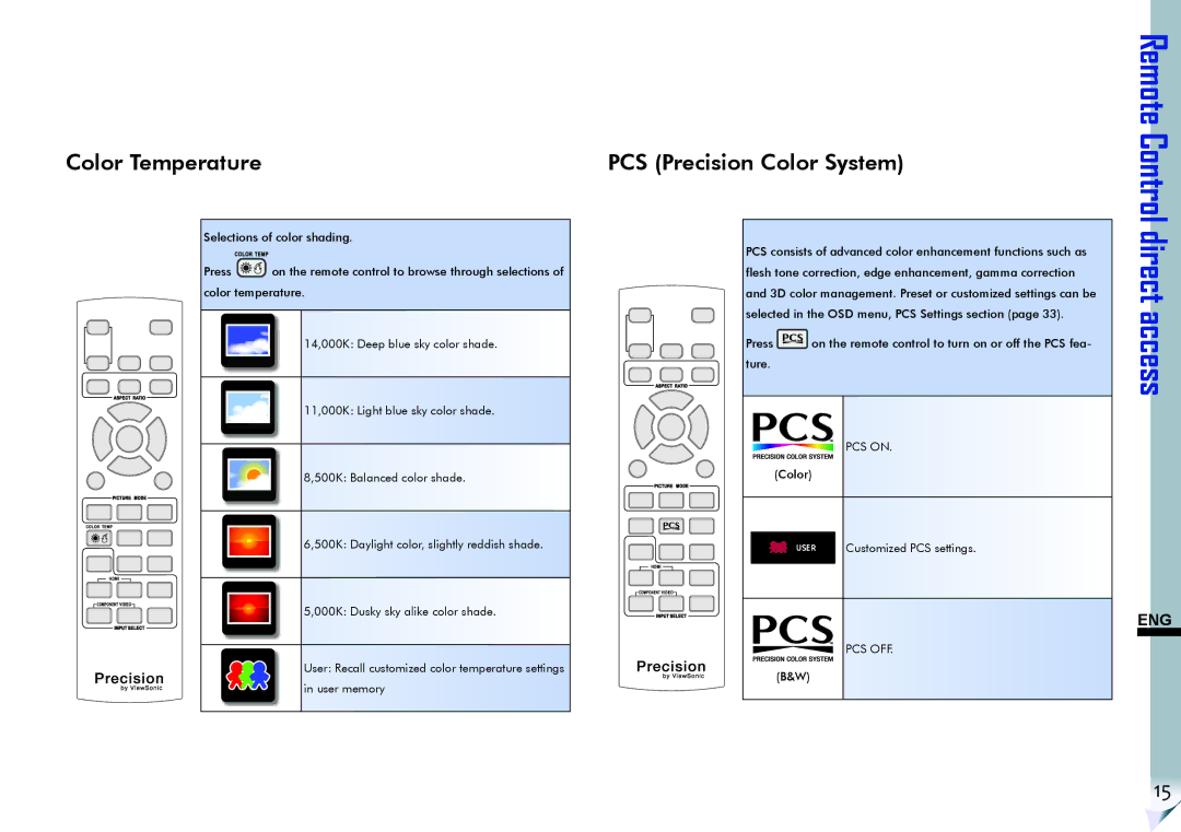 ViewSonic VS11856 user manual Color Temperature, PCS Precision Color System, PCS on, Pcs Off 