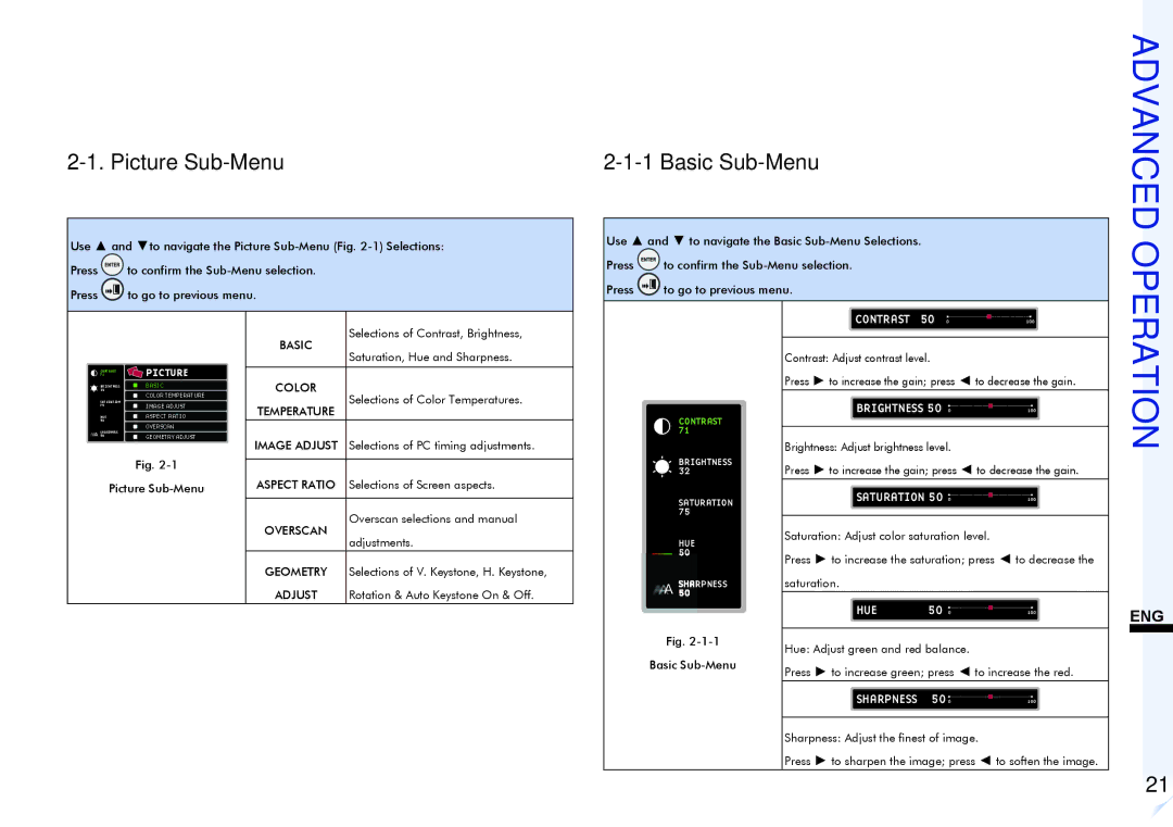 ViewSonic VS11856 user manual Picture Sub-Menu, Basic Sub-Menu 