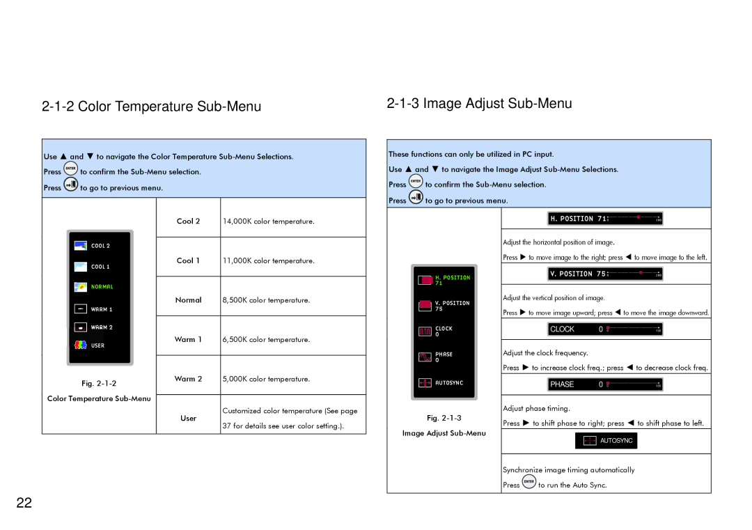 ViewSonic VS11856 user manual Color Temperature Sub-Menu Image Adjust Sub-Menu, Position 71, Position 75, Clock, Phase 