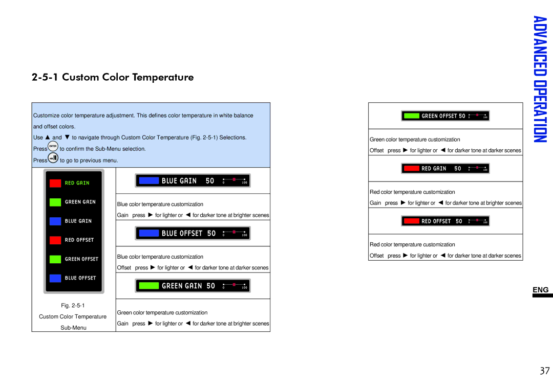 ViewSonic VS11856 user manual Custom Color Temperature, Green Gain Blue Gain RED Offset Green Offset Blue Offset 