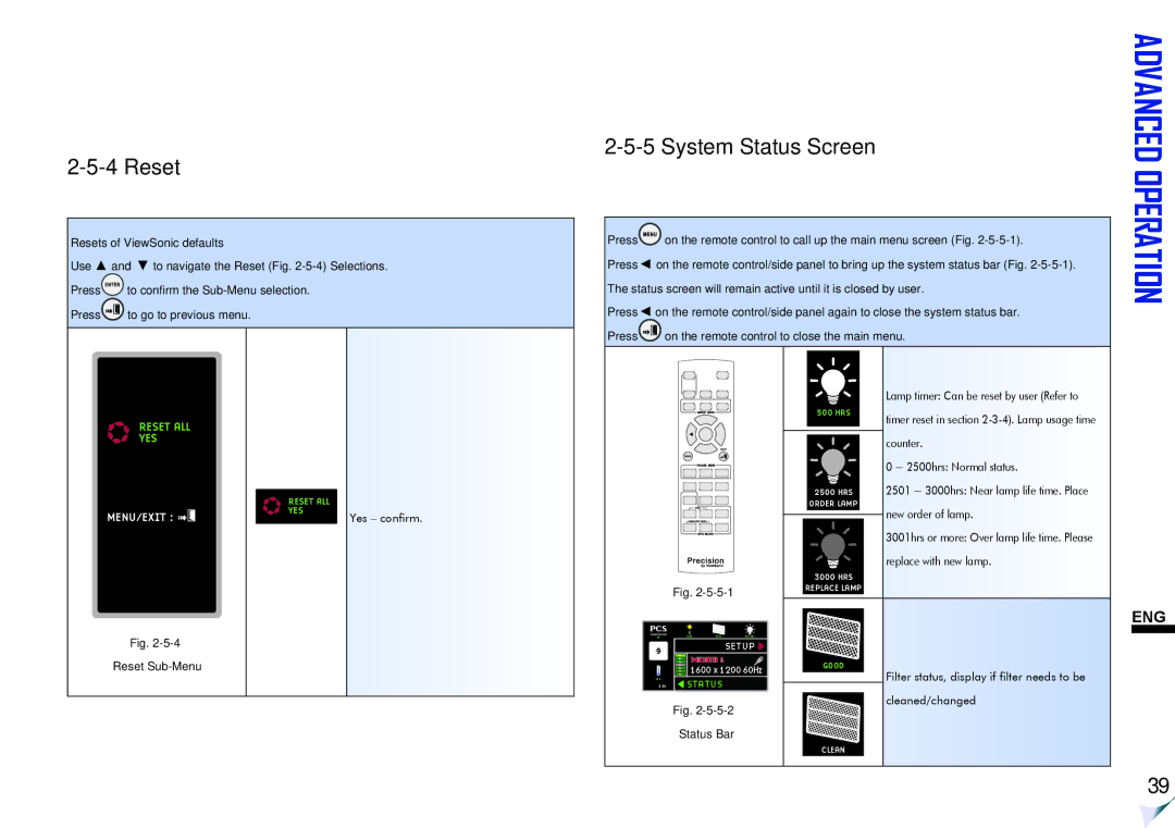 ViewSonic VS11856 user manual Reset, System Status Screen, Menu/Exit 