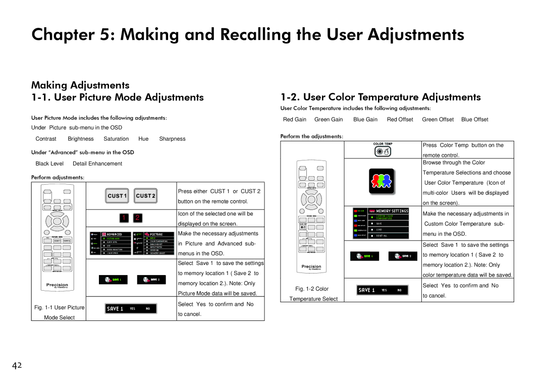 ViewSonic VS11856 user manual Making and Recalling the User Adjustments, Making Adjustments User Picture Mode Adjustments 