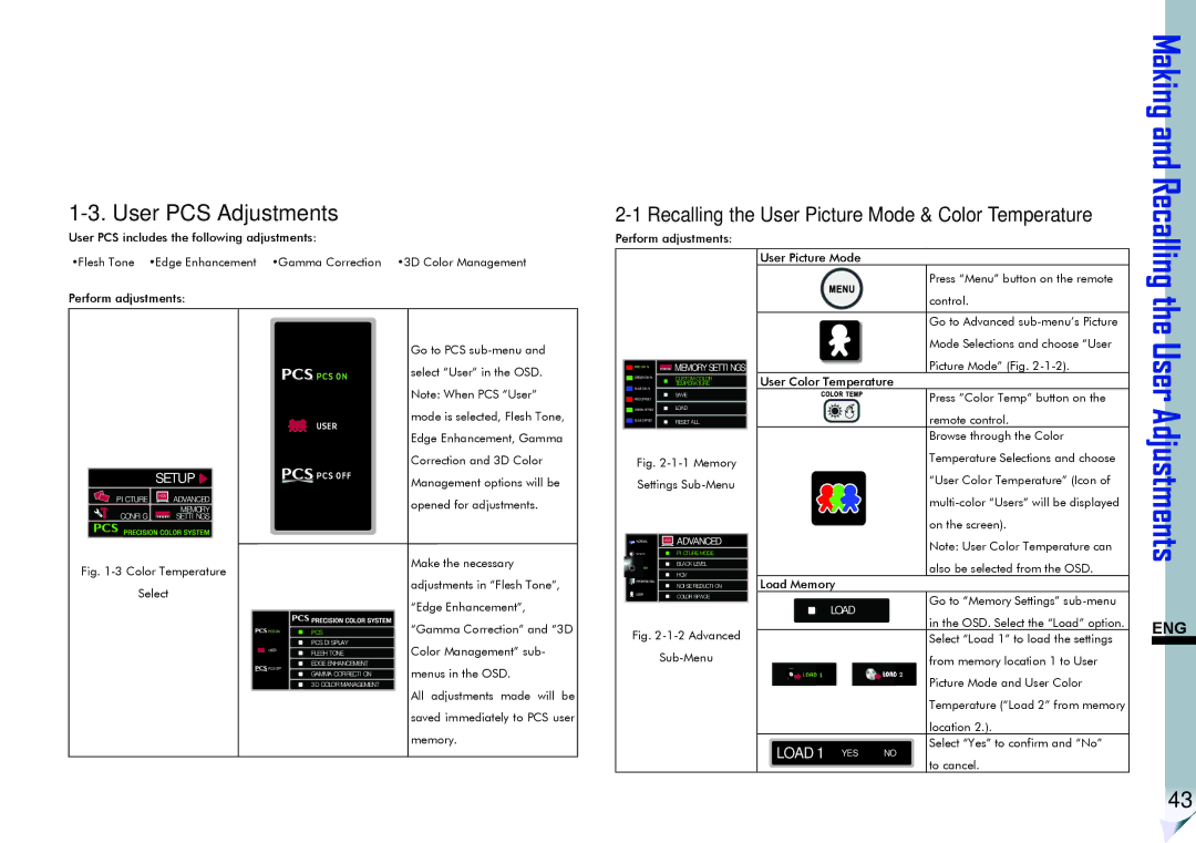 ViewSonic VS11856 user manual User PCS Adjustments, Recalling the User Picture Mode & Color Temperature 