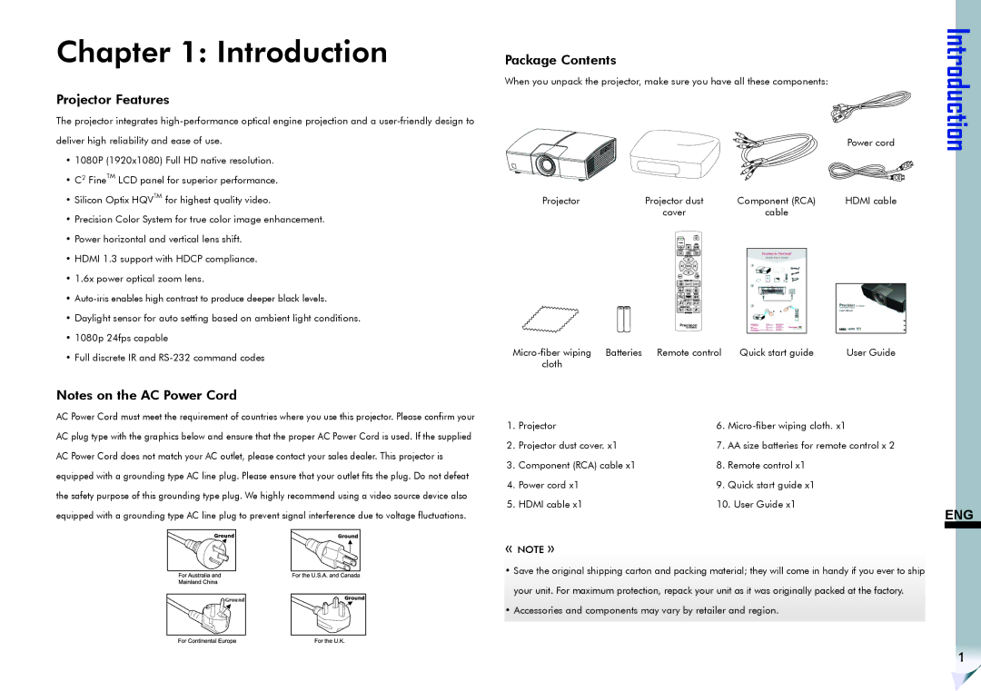 ViewSonic VS11856 user manual Introduction, Projector Features, Package Contents 
